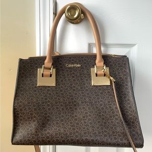 Calvin Klein Double Handled Monogram Satchel Handbag, Brown & Tan Leather